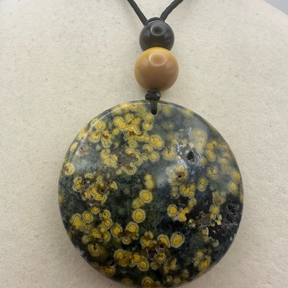 Large Round Ocean Jasper Pendant Necklace with Mookaite Jasper and Onyx on Rope - Picture 12 of 14
